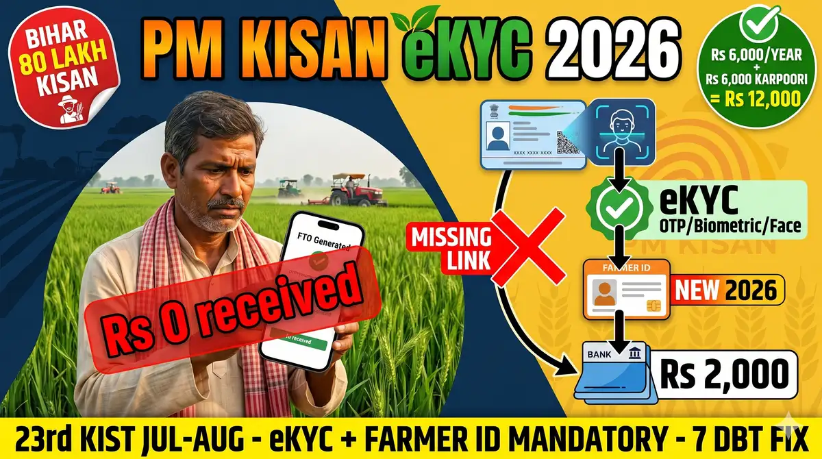 PM Kisan eKYC Status Check Bihar 2026 - Aadhaar Link, Farmer ID, 23rd Installment + Land Verification