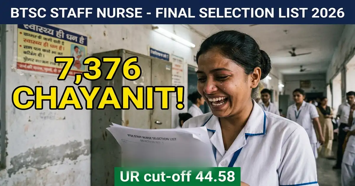 BTSC Staff Nurse Final Selection List 2026 (27 August Ko Jaari): 11,389 Padon Par 7,376 Chayanit, UR Cut-Off 44.5829 - Aur 301 Divyang Rikti Agle Saal Ko Chali Gayi